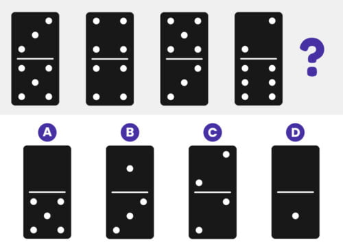 Quel domino faut-il ajouter pour compléter cette suite logique ? Suite logique de dominos