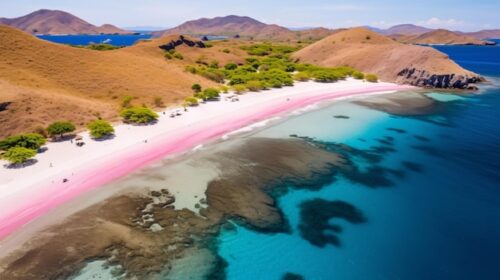 Quelle est l’origine de la couleur rose de la page Pantai Merah sur l’île de Komodo en Indonésie ? 