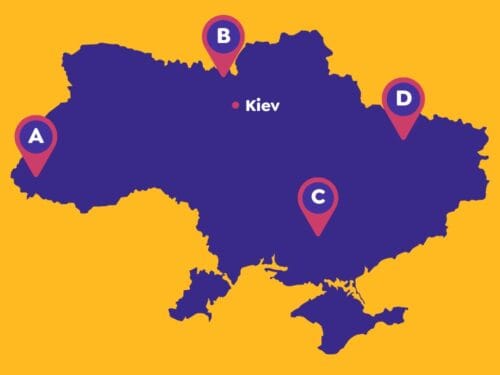 Sur une carte de l’Ukraine, où se situe Tchernobyl, lieu de la plus grande catastrophe nucléaire du monde ? 